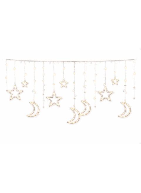 10 Hanging Moon & Star Curtain Lights (3M) â€“ Warm LED Ramadan & Eid Decorative Plug-In String Lights with Highâ€“Low Crescent & Star Design, Color Box Packaging  Assorted design
